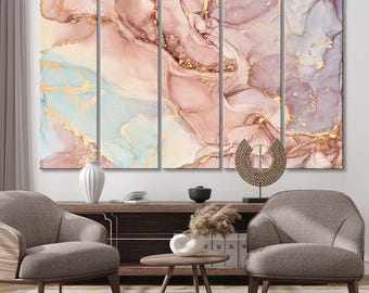 Abstract Alcohol Ink Painting, Pastel Pink Blue Gold Canvas Art, Marble Effect Wall Decor
