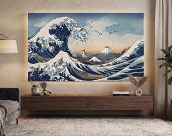 Surfing Cats Wave Print, Hokusai Parody Japanese Ukiyo-e Poster