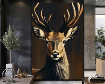 Modern Deer Canvas Print, Large Stag Wildlife Wall Art, Rustic Animal Portrait Home Decor
