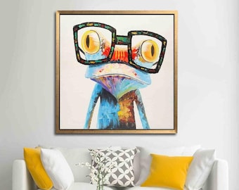 Frog with Glasses Canvas Art, Whimsical Animal Painting, Kids Room Decor