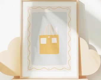 Kids Room Wall Art Printable, Modern House Nursery Print, Pastel Playroom Decor, Minimalist Digital Download