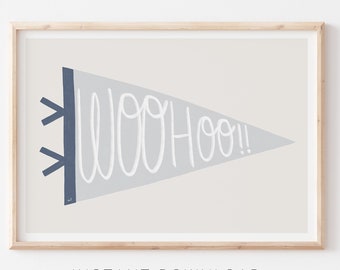 Woohoo Celebration Pennant Printable, Printable Pennant to Frame, Farmhouse Boys Nursery Wall Art, Blue Pennant for Boys, Digital Download