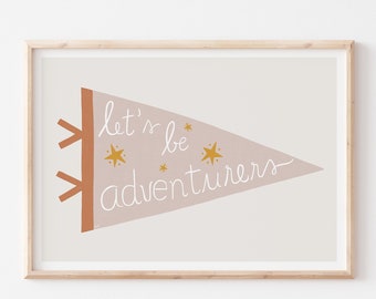 Let's Be Adventurers Print, Printable Pennant to Frame, Farmhouse Nursery Kids Wall Art, Pink Yellow Pennant, Pennant Digital Download