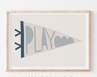 Play Printable Wall Art, Printable Pennant to Frame, Modern Farmhouse Nursery Kids Wall Art, Blue Pennant for Boy's Room, Digital Download