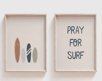 Pray for Surf Set of 2 Printables, Terracotta Navy Blue Printable Surfboards for Boy's Rooms, Summer Nursery Art Decor, Quote Kids Wall Art