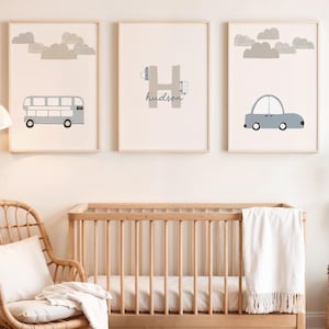 Juego de 3 impresiones, impresión de transporte para niños, arte de pared con nombre de niño, decoración de sala de juegos para niño, regalo para baby shower, arte de pared para habitación de niño, nombre de bebé personalizado