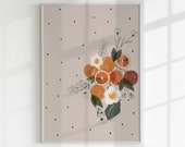 Food Illustration, Fruit Illustration Printable Art, Vintage Food Illustration, Food Wall Art, Fruit Art Printable, Oranges Flowers Print