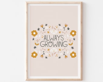 Always Growing Quote Printable Art, Inspirational Quote Print, Floral Motivational Poster, Office Feminine Wall Decor, Typography Printable