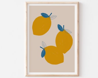 Yellow Blue Lemons Art Printable, Kitchen Print, Modern Wall Art, Fruits Wall Art, Fruits Print Modern Art Instant Download, Lemon Poster