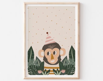 Monkey Printable Art, Jungle Nursery DIGITAL ART, Safari Nursery Print, Playroom Print, Animal Wall Art Print, Scandi Print, Kids Wall Art