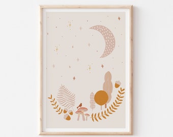 Mustard Yellow Forest Nursery Decor, Pink Nature Print, Mushroom Trees Print, Moon Stars Art Print, Modern Woodland Printable Art