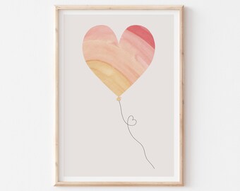 Watercolor Heart Balloon Printable Wall Art, Pink Nursery Print, Pink Pastel Heart Balloon, Girl Nursery, Kids Room Decor, DIGITAL PRINT
