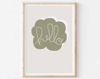 Olijfgroene kwekerij print, Hello Sign Forest Green Wall Art, Hello Baby print, afdrukbare muurkunst, typografie kinderkamer decor, kinderkamer kunst