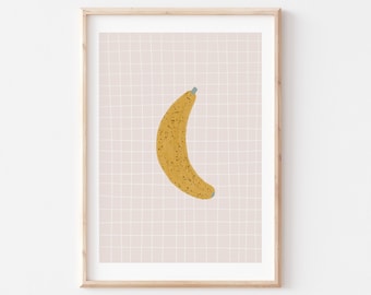 Banana Art Print, Yellow Kitchen Decor, Modern Kitchen Printable Wall Art, Fruit Kitchen Art, Colorful Wall Art, Fruit Poster, Food Poster