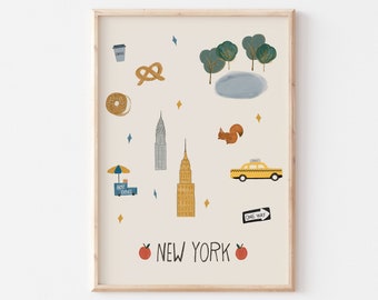 New York Poster Printable, New York City Illustration, NYC Printable, Instant Download New York, NYC Cab, Big Apple Illustration, NYC Bagel