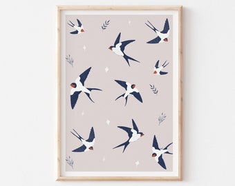 Blue Swallows Art Print, Swallow Illustration, Bird Printable Poster, Spring Birds Illustration Print, Navy Blue Wall Art, Swallow Printable