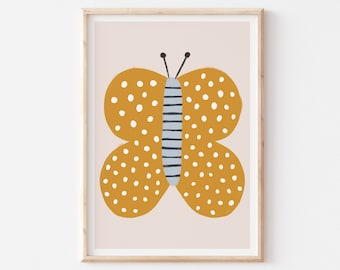 Butterfly Printable Art, Girl Room Decor, Colorful Modern Girl Room Art, Girl Nursery Art, Mustard Yellow Butterfly Print, Farmhouse Nursery