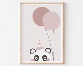 Panda Art Print, Panda Balloons Room Decor, Printable Wall Art, Blush Pink Nursery Decor, Baby Girl Cute Nursery Prints, Girl Bedroom Decor