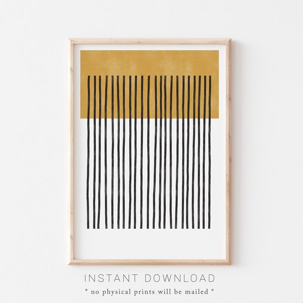 Abstract Mustard Yellow Printable Wall Art, Yellow Black White Modern Art, Mid-Century Stripes Living-Room Decor, Modern Printable Art