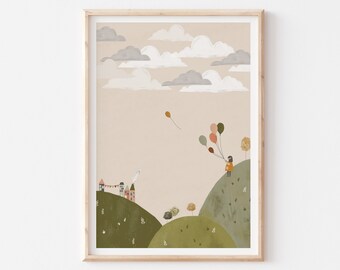 Gender Neutral Kids Room Poster, Nature Walk Illustration, Kids Bedroom Art Printable, Yellow Green Terracotta Balloons, Forest Woodland Art