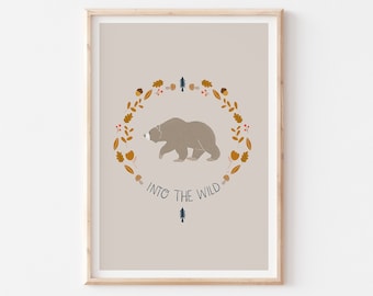 Into The Wild Quote Printable, Woodland Nursery Print, Bear Printable Wall Art, Woodland Kids Room Decor, Boys Room Wall Decor, Fall Autumn