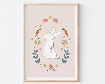 Easter Bunny Nursery Print, Printable Easter Bunny, Cute Kitchen Decor, Printable Wall Art, Playroom Printable, Pastel Flowers Animal Prints