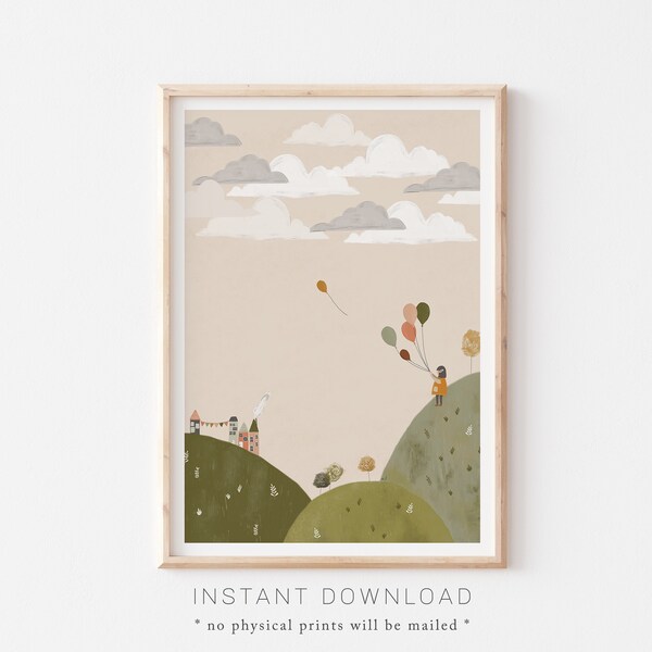 Gender Neutral Kids Room Poster, Nature Walk Illustration, Kids Bedroom Art Printable, Yellow Green Terracotta Balloons, Forest Woodland Art