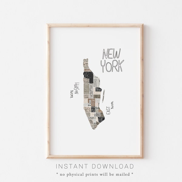 New York Map Print, New York Boroughs Printable, NYC Districts Poster, Manhattan Map, Manhattan Poster, NYC Neighborhoods, Typographic Map