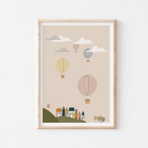 Hot Air Balloons Nursery, Printable Wall Art, Neutral Pastels Houses Print, Travel Wall Art, Travel Nursery Decor, Boys Girls Room Decor