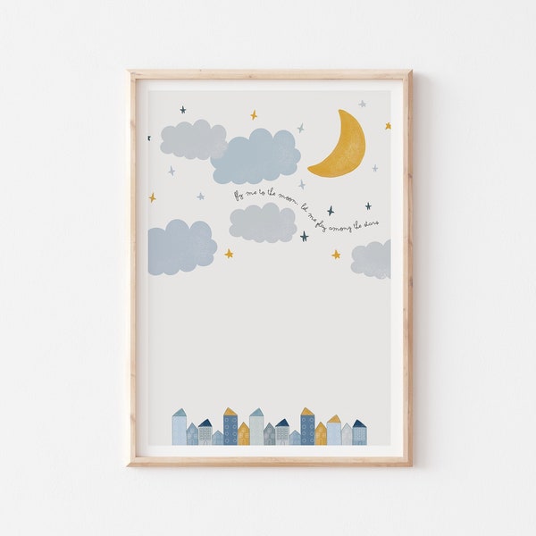 Fly me to the moon Nursery Printable Wall Art, Baby Boy Nursery Art, Clouds Moon Stars Printable, Blue Yellow Nursery Wall Art, Tiny Houses