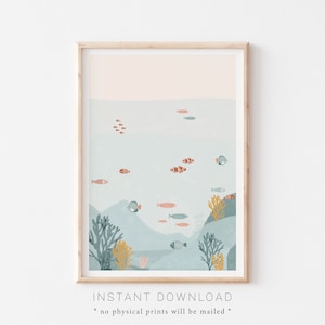 Guardería oceánica, guardería para bebés bajo el mar, arte estético de la pared, arte de la pared para niños pequeños, decoración estética de la pared, guardería de decoración náutica