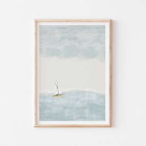 Sailing Boat Beach Decor Wall Art, Pastel Nautical Wall Print, Nautical Printable Poster, Blue Ocean Printable, Nautical Nursery Wall Art image 1