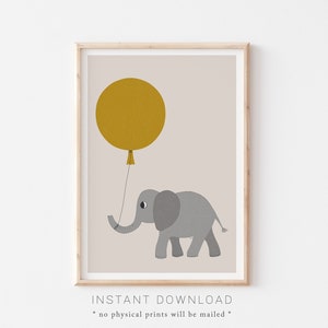 Elephant with Mustard Yellow Balloon, Safari Animals Printable Wall Art, Safari Nursery Wall Decor, Jungle Animals Children's Room Wall Art