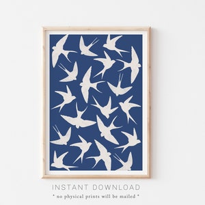 Indigo Blue Wall Art, Abstract Bird Art Print, Minimalist Art, Blue Art Print, Bird Wall Art, Living Room Decor, Navy Blue Swallows Art
