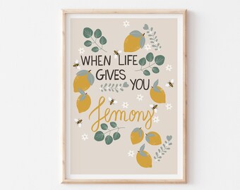When Life Gives You Lemons Quote, Kitchen Printable Wall Art, Lemons Illustration Printable, Modern Farmhouse Kitchen Art, Typography Print
