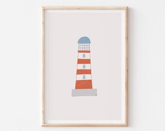 Lighthouse Printable Wall Art, Nautical Nursery Decor, Lighthouse Print, Kids Room Wall Art, Blue Red Nursery Decor, Baby Room Wall Art
