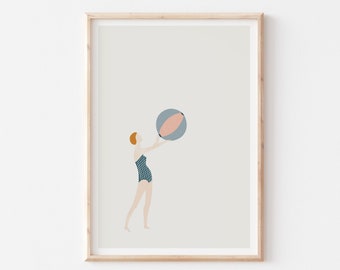 Blue Retro Beach Travel Art, Vintage Swimmer Illustration Print, Vintage Style Beach Fashion Illustration, Minimalist Art Deco Beach Style