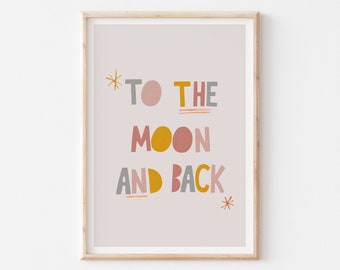 To The Moon And Back Typography Printable, Nursery Quote Printable Wall Art, Baby Girl Room Decor, Pink Yellow Minimalist Wall Art