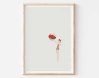 Red Retro Beach Travel Art, Vintage Swimmer Illustration Print, Vintage Style Beach Fashion Illustration, Minimalist Art Deco Beach Style