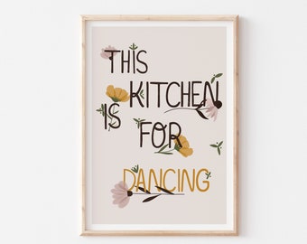 Deze keuken is om te dansen, afdrukbare muurkunst, schattig keukendecor, boerderijkeukenkunst, plattelandskeukenposter, keukenbordafdruk