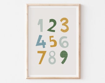 Green Blue Numbers Printable, Playroom Numbers Art Print, Boys Room Educational Print, 123 Numbers Downloadable Art, Modern Nursery Prints