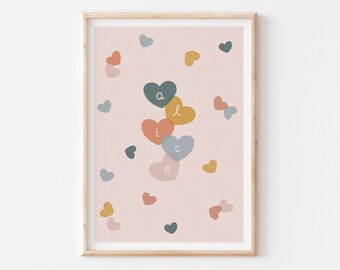 Girl Name Print, Custom Illustration Name, Name Nursery Illustration, Personalised Baby Name Art Print, Pastel Hearts Illustration Print