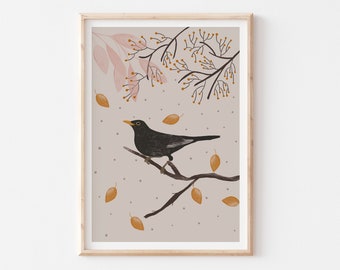 Blackbird Art Print, Birds Posters, Nature Illustration Print, Bird Print, Nature Wall Art, Dusty Pink and Black Illustration