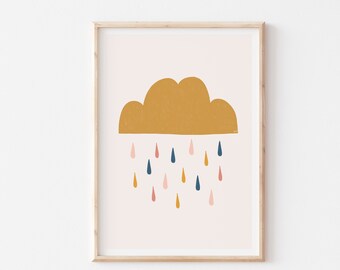 Mustard Yellow Cloud Rain Poster, Boho Nursery Decor, PRINTABLE Cloud Wall Art, Weather Nursery Printable, Gender Neutral Nursery Decor