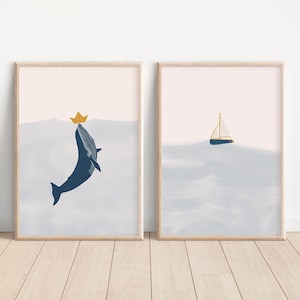 Set of 2 Nautical Prints, Coastal Whale Sailboat Wall Art Set, Ocean Nursery Decor, Minimalist Set, Modern Printable Nursery Art