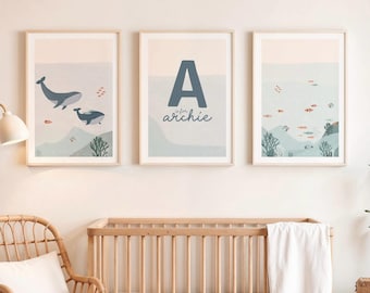 Custom Name, Personalized Name, Nursery Decor, Nursery Name Sign, Baby Boy Nursery, Set of 3 prints, Boy Room Wall Decor, Ocean Theme