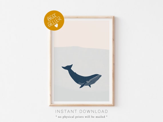 Kids Nursery Print, Humpback Whale Art Print, Printable Wall Art, Ocean Animals, Blue Kids Room Art, Nautical Nursery, Navy Blue Kids Decor