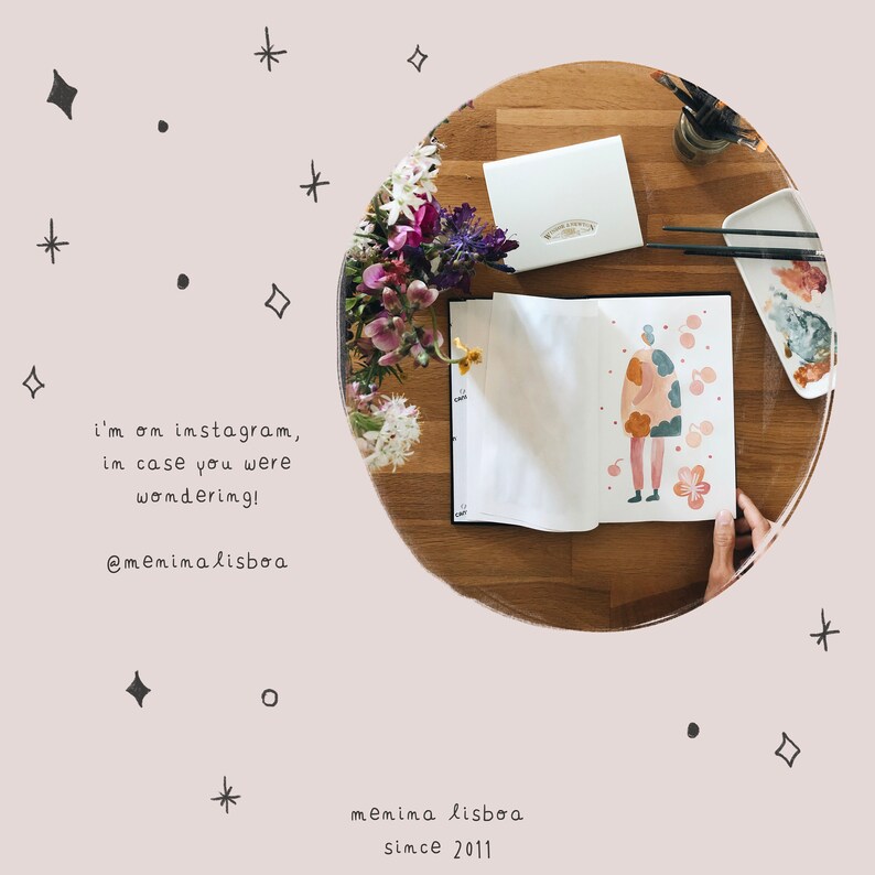 May include: A flat lay image of a wooden table with a sketchbook, a small white box, a pair of chopsticks, a small plate with paint, and a bouquet of flowers. The sketchbook is open to a page with a watercolor illustration of a person in a pink and brown dress. The text "i'm on instagram, in case you were wondering! @memimalisboa" is written on the left side of the image.