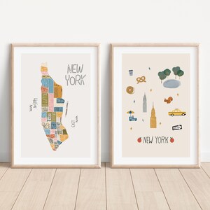 Ensemble d'art mural New York, impression de carte du quartier de New York, affiche Manhattan, impressions d'art de la ville de New York, illustration emblématique de New York, idée cadeau pour les amoureux de New York