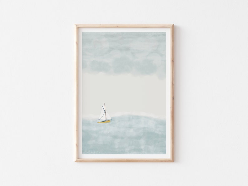 Sailing Boat Beach Decor Wall Art, Pastel Nautical Wall Print, Nautical Printable Poster, Blue Ocean Printable, Nautical Nursery Wall Art image 1